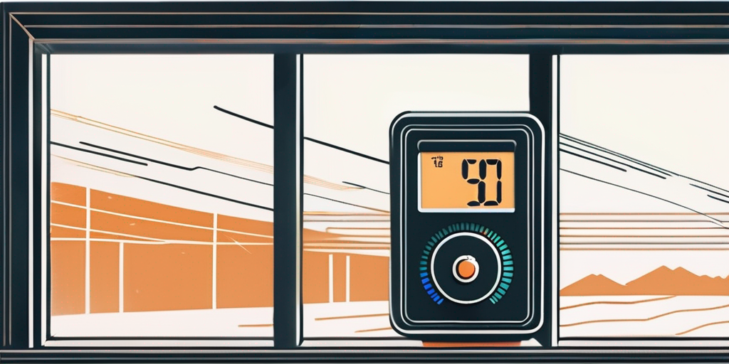 Illustration eines Thermostats auf niedriger Temperatur neben einem offenen Fenster zur Senkung von Gasgebuehren und Geldersparnis.