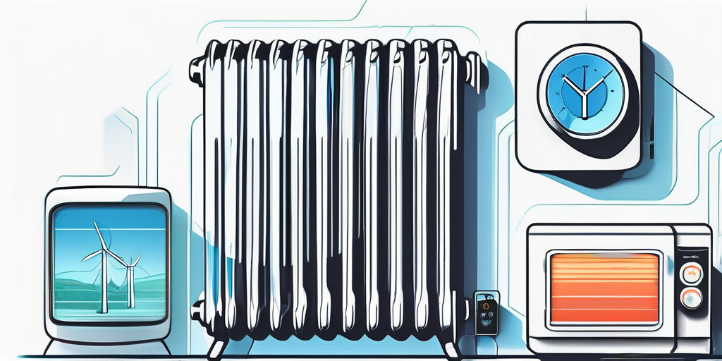 Moderne, energieeffiziente Heizloesungen fuer Zuhause, darunter elegante, zeitgenoessische Heizkoerper und intelligente Thermostate, die Innovationen im Energiemanagement hervorheben.