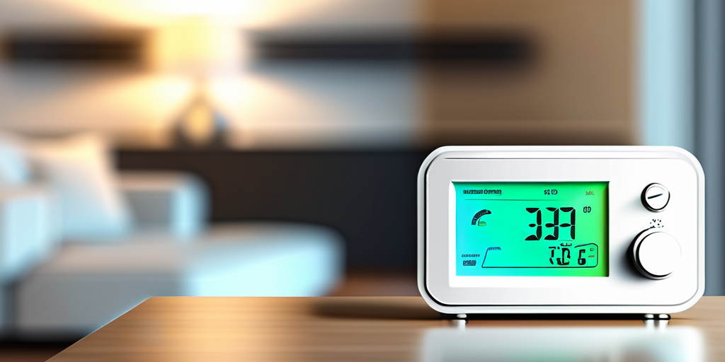 Moderner Thermostat vor unscharfem Wohnzimmerhintergrund, verdeutlicht Energieeffizienz und Kosteneinsparung bei der Hausheizung.