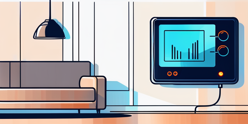 Moderne Thermostat-Einheit in einem gemuetlich beleuchteten Wohnzimmer als Symbol fuer energieeffiziente Heizloesungen.