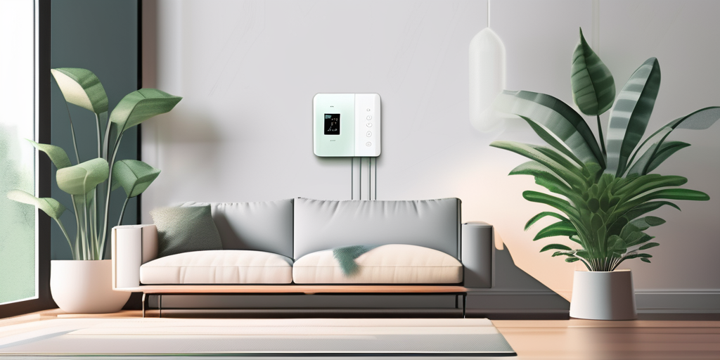 Moderner Smart-Thermostat zur Steuerung der Heizeffizienz in einem Haus neben einer kleinen, gruenen Topfpflanze als Symbol fuer Umweltbewusstsein.