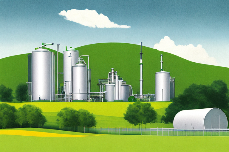 moderne biogasanlage in gruener landschaft mit silos und maschinen zur umwandlung von organischem abfall in erneuerbare energie