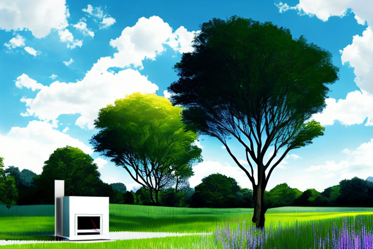 Grüne Wiese bei Sonnenschein mit moderner umweltfreundlicher Gaskochstelle im Vordergrund. Grüne Wiese bei Sonnenschein mit moderner umweltfreundlicher Gaskochstelle im Vordergrund.