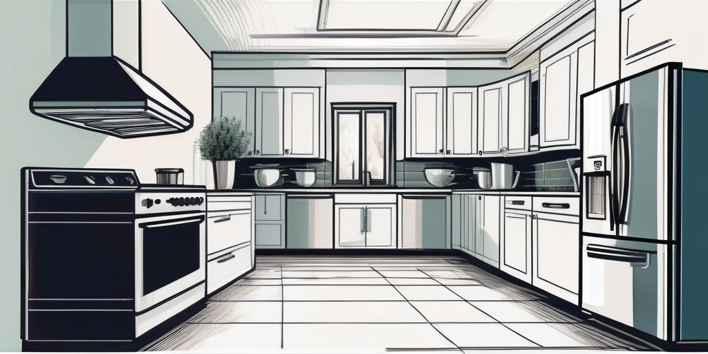 Moderne Kueche mit umweltfreundlichen, effizienten Geraeten und einem Thermostat zur Darstellung von Energieverwaltung und Kostenersparnis bei Gaszuschlaegen.