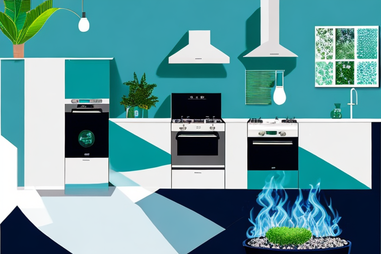moderne kueche mit elegantem gasherd und blauen flammen, umweltfreundlichen geraeten und topfpflanze for gruenes flair