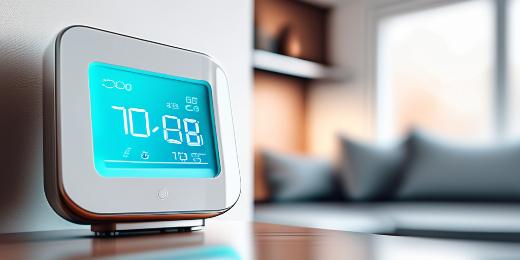 Modernes Thermostat vor unscharfem Hintergrund eines stilvollen, energieeffizienten Wohnraums zur effektiven Reduzierung des Gasverbrauchs. Modernes Thermostat vor unscharfem Hintergrund eines stilvollen, energieeffizienten Wohnraums zur effektiven Reduzierung des Gasverbrauchs.