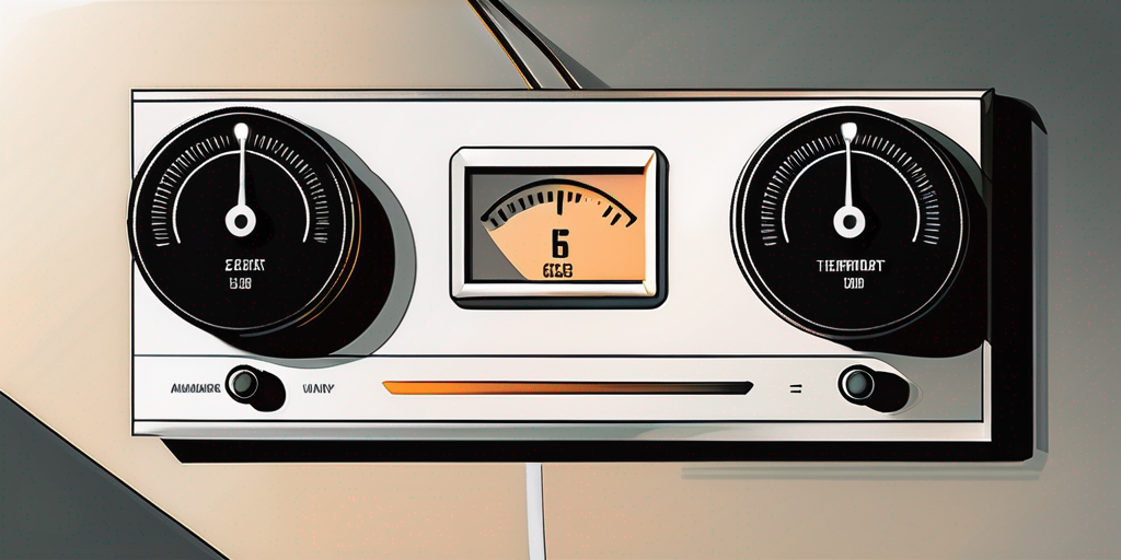 Moderner Thermostat an der Wand mit Temperaturregelungsknoepfen fuer Energieeffizienz und reduzierte Gaskosten, warmes Licht fuer gemuetliche Atmosphaere. Moderner Thermostat an der Wand mit Temperaturregelungsknoepfen fuer Energieeffizienz und reduzierte Gaskosten, warmes Licht fuer gemuetliche Atmosphaere.