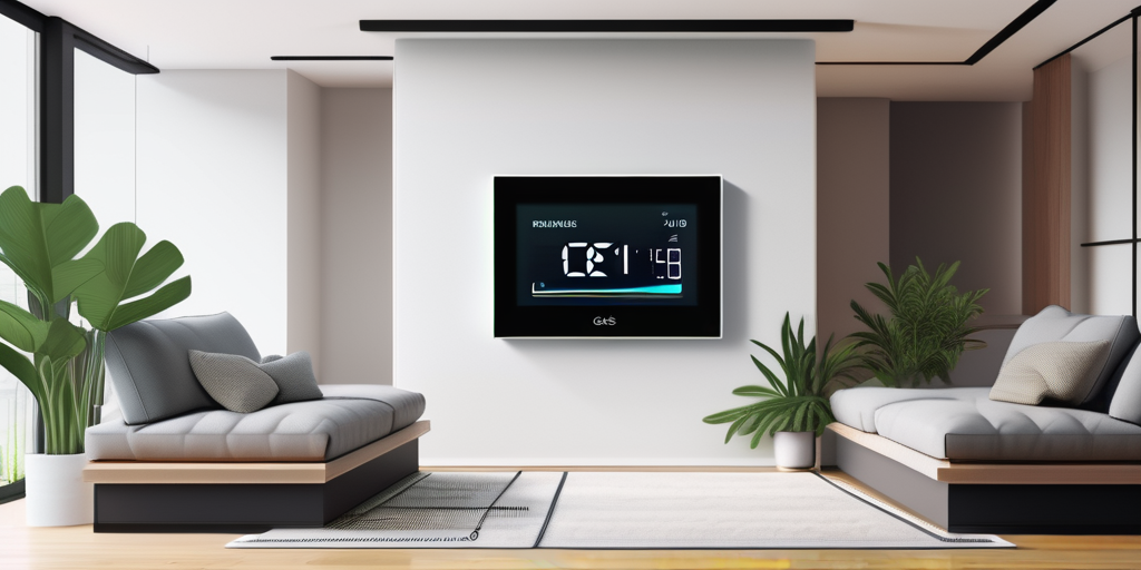 Modernes Thermostat an der Wohnzimmerwand, fokussiert auf Energieeinsparung, umgeben von einer gruenen Pflanze fuer eine natuerliche, umweltfreundliche Atmosphaere, passend zu Tipps zur Verwaltung von Gaspreisen.