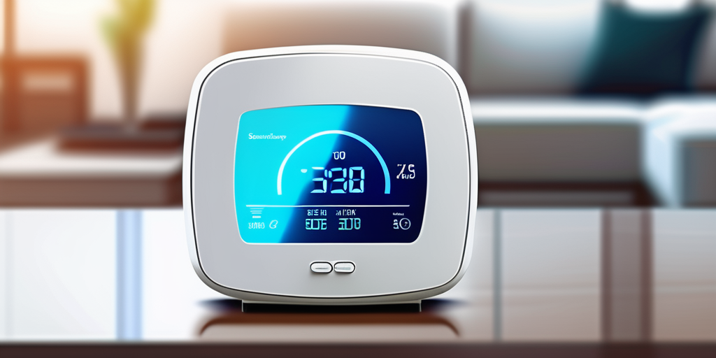 Modernes Thermostat vor unscharfem Hintergrund eines gemuetlichen, energieeffizienten Wohnraums zur Darstellung intelligenter Heizungssteuerung zur Reduzierung von Gaszuschlaegen.