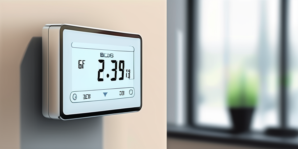Moderner Thermostat an der Wand mit Temperaturanzeige, unscharfes Bild eines energieeffizienten Heizsystems im Hintergrund.