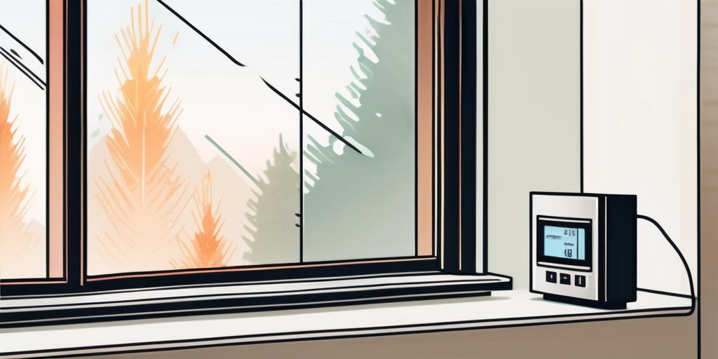 Moderner Thermostat neben energieeffizientem Fenster fuer kontrollierte Heizung und kostensparende Daemmtechniken, Methoden zur Reduzierung von Gaszuschlaegen.