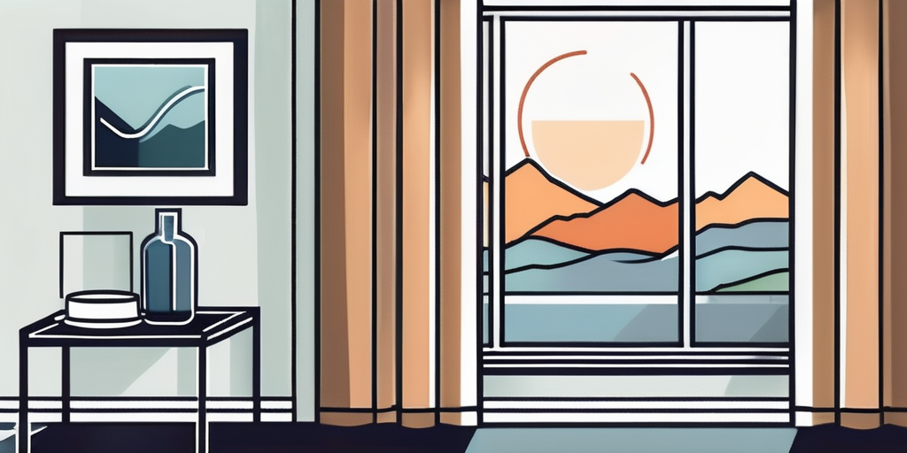 Modernes Thermostat auf niedrige Temperatur eingestellt in einem minimalistisch dekorierten Wohnzimmer mit dicken Vorhaengen am Fenster zur Isolationsverbesserung.