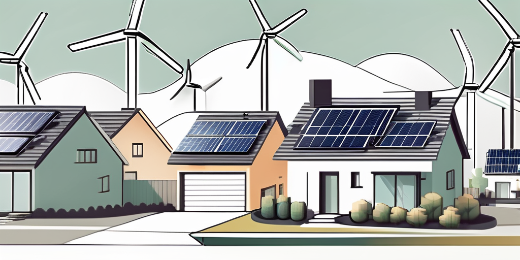 Illustration eines Wohngebiets mit verschiedenen Haustypen, Solarmodulen und modernen Windturbinen zur Darstellung nachhaltiger Energieloesungen zur Reduzierung von Gaszuschlaegen.