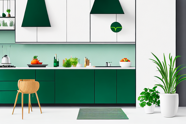 Moderne Kueche mit schlichten Geraeten und gruener Energiesymbolik, nachhaltiges und umweltfreundliches Wohnen, Zimmerpflanzen und Tageslicht.