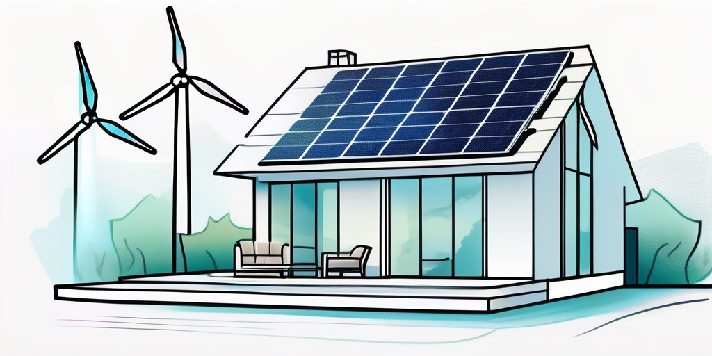 Haus mit Solarpanelen im Hintergrund und modernem Geraet zur Energieverbrauchsanzeige, saubere nachhaltige Energie