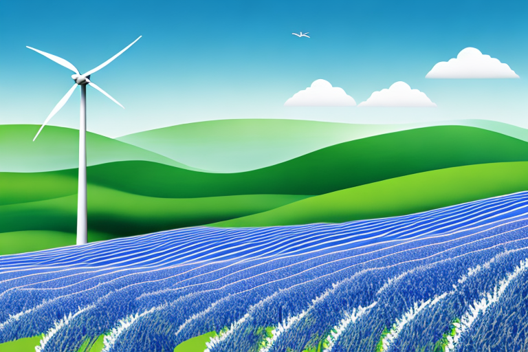 gruenes Landschaft mit Windturbinen und blauem Himmel, nachhaltige Umwelt, Reduktion von CO2 Emissionen