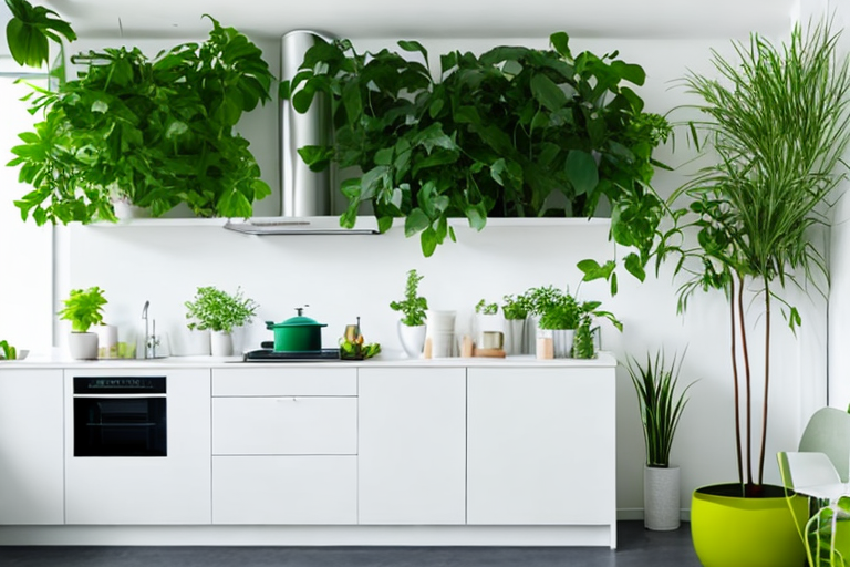 Umweltfreundliche Kueche mit modernen Geraeten, schickem Gasherd und gruenen Pflanzen, betont Nachhaltigkeit und Effizienz.