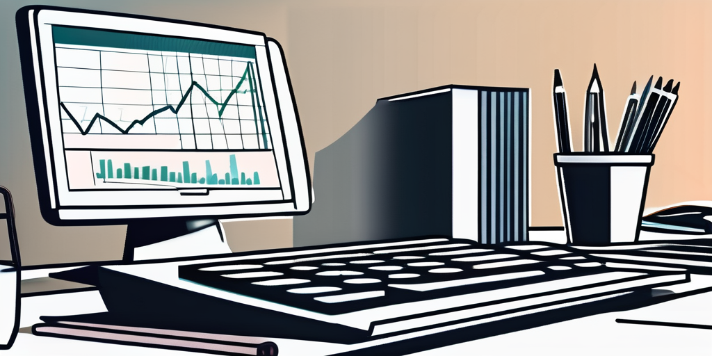 Sauber organisiertes Buero mit Rechner, Notizbuch und Finanzdiagrammen, ideal fuer Budgetverwaltung und Kostensparstrategien