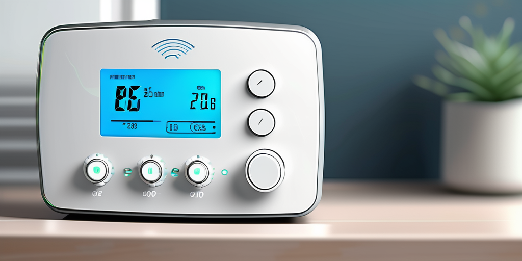 Moderner Smart-Thermostat zur Ueberwachung und Reduzierung des Gasverbrauchs in Haeusern und Bueros, mit unscharfem Hintergrund, der auf energieeffiziente Loesungen fokussiert.