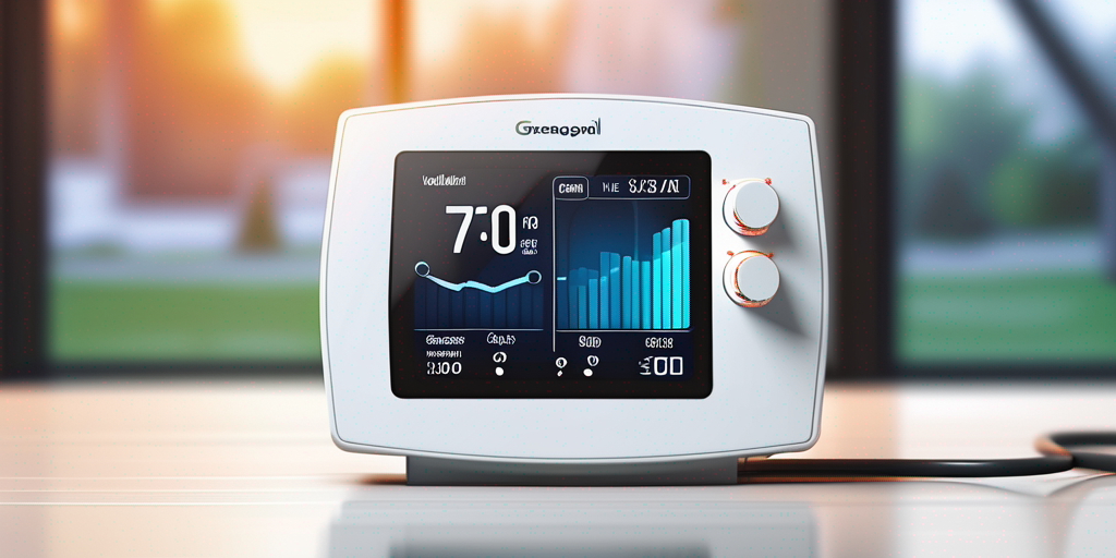 Ein moderner Thermostat in einem gemuetlich beleuchteten Wohnbereich, der Energieeffizienz und Einsparungen betont, mit einem Diagramm zur Darstellung sinkender Kosten durch eine Gaspreisbremse.