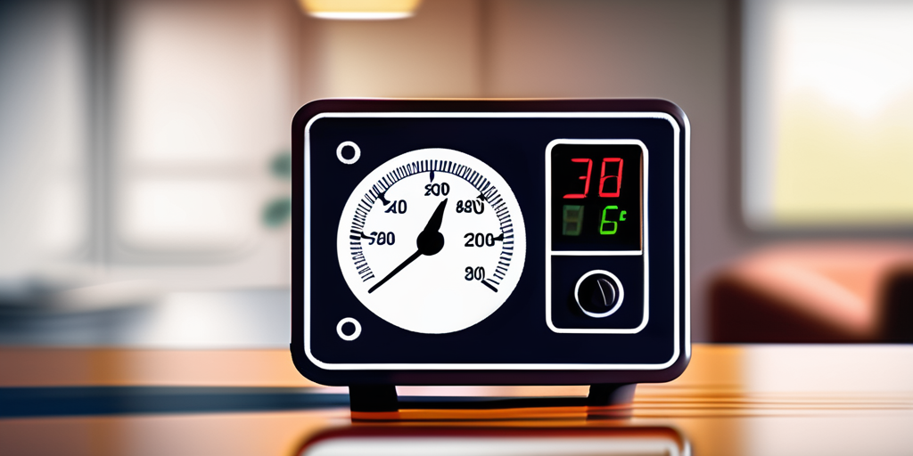 Thermostat mit unscharfem Hintergrund eines gemuetlich beleuchteten Raumes zur Demonstration der Energieeffizienz und Kontrolle beim Erdgasverbrauch zur Raumtemperaturregelung.