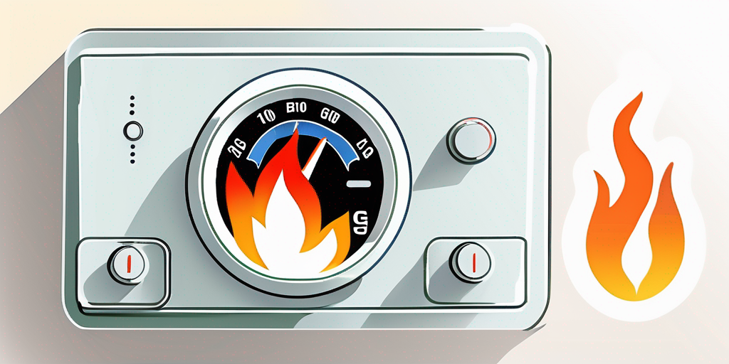 Moderner Thermostat auf energiesparende Einstellung justiert neben Darstellung von Erdgasflammen, die den Ausgleich zwischen Komfort und Kosteneinsparung bei Gasverbrauch betonen.