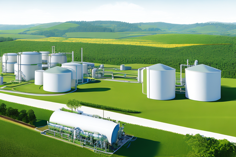 moderne biogasanlage in gruener landschaft mit energie speichertanks und verarbeitungseinheiten bei sonnenlicht