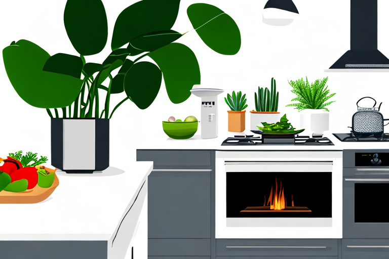 moderne kueche mit gasherd frisches gemuese auf arbeitsplatte und pflanze umweltfreundliches kochen