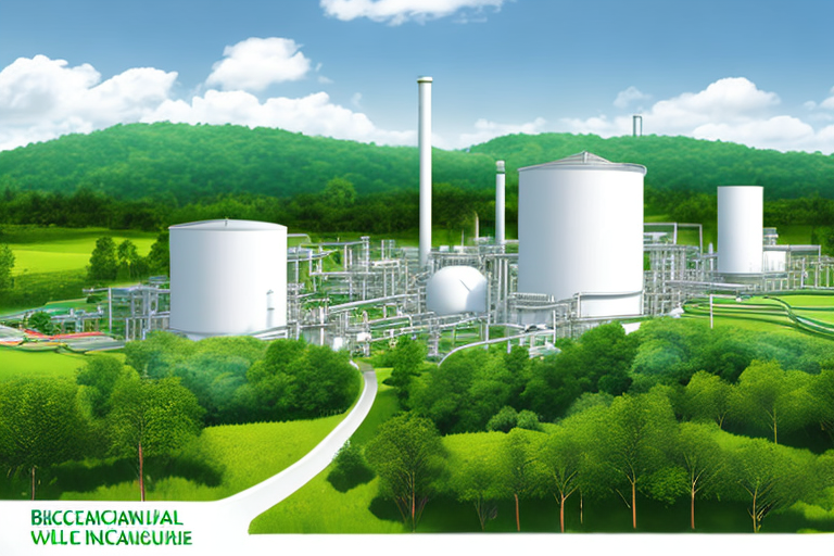 Modernes Biogaswerk inmitten gruener Landschaft, nachhaltige Energieproduktion in natuerlicher Umgebung. Modernes Biogaswerk inmitten gruener Landschaft, nachhaltige Energieproduktion in natuerlicher Umgebung.