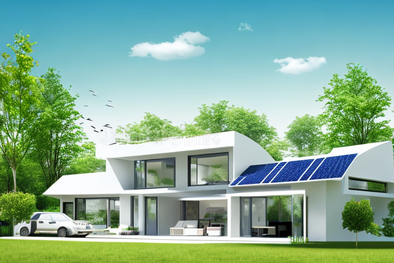 Modernes Haus mit oekofreundlichem Biokraftstoffsystem, Solarpanels im Hintergrund, Familie geniesst nachhaltigen Lebensstil.
