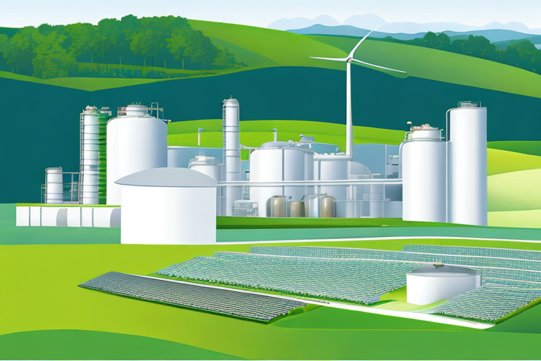 Moderne Biogasanlage mit gruene Felder und blauem Himmel, fortschrittliche Maschinen und Lager fuer erneuerbare Energie.