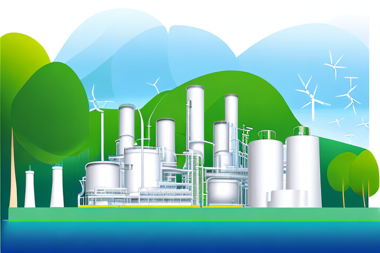 Moderner Energiepark mit umweltfreundlicher Ausruestung, umgeben von Gruen unter klarem blauem Himmel, Symbole fuer saubere Energie wie Blaetter und Gasflammen heben Nachhaltigkeit hervor.