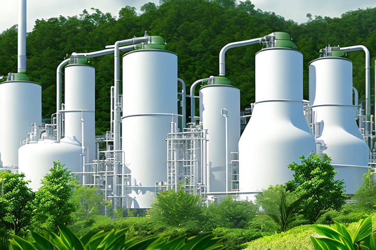 Moderne Biogasanlage inmitten gruener Natur mit strategischen Rohren und Tanks zur effizienten Energieumwandlung.