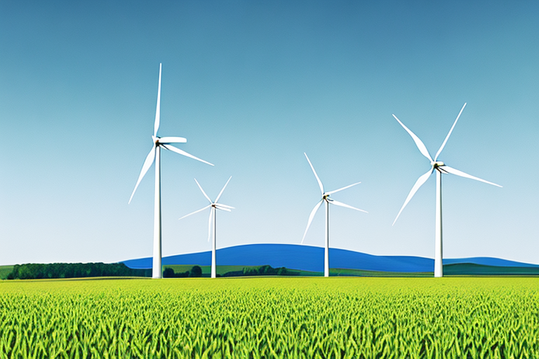 Gruene Felder unter blauem Himmel mit Windturbine, nachhaltige Landwirtschaft.