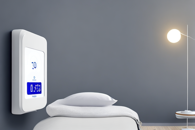 Intelligentes Thermostat mit Energiesparanzeige, eco-freundliche Gluehbirnen und modernes energieeffizientes Heizgeraet im Hintergrund.