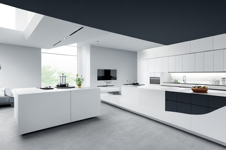 Moderne energieeffiziente Kueche mit eleganten Geraeten, LED-Beleuchtung, Energieueberwachungsgeraeten, nachhaltige Energieoptimierung zuhause. Moderne energieeffiziente Kueche mit eleganten Geraeten, LED-Beleuchtung, Energieueberwachungsgeraeten, nachhaltige Energieoptimierung zuhause.