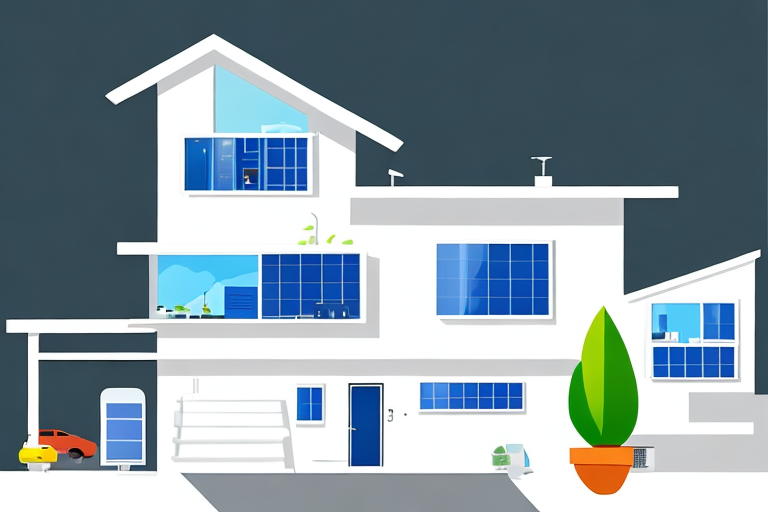 Moderne Wohnung mit energieeffizienten Geraeten, Solarpanelen auf dem Dach und intelligenter Messanzeige zur Kosteneinsparung. Moderne Wohnung mit energieeffizienten Geraeten, Solarpanelen auf dem Dach und intelligenter Messanzeige zur Kosteneinsparung.