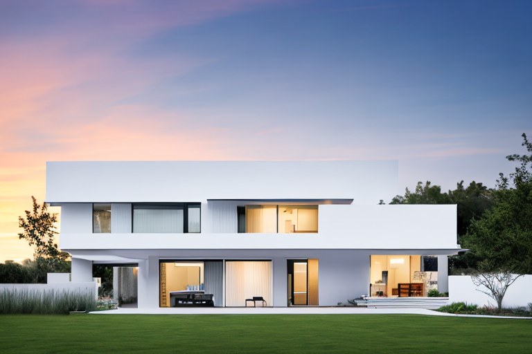 Energieeffizientes Haus bei Sonnenuntergang, nachhaltiges Wohnen und kostenguenstige Energiesparloesungen.