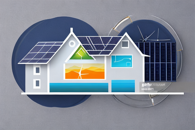 Haushalts-Energiemesser mit Skala, umgeben von Solar und Wind Symbolen, warme heimische Hintergrundbeleuchtung für Energieeffizienz.