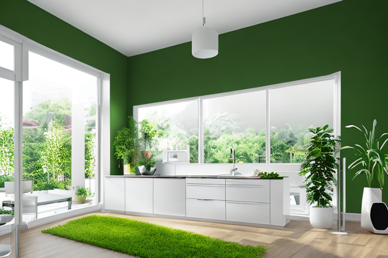 Intelligenter Stromzaehler zeigt Echtzeit-Energieverbrauch in moderner Kueche mit Sonnenlicht und Pflanzen, betont umweltfreundliches Leben und energieeffiziente Geraete.