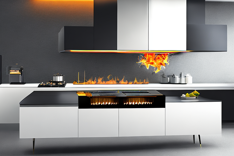 moderne kueche mit stilvollem gasherd und lebhaften flammen, energiespargeraeten und sauberen arbeitsflaechen, betont gas tarife und kosteneffizienz