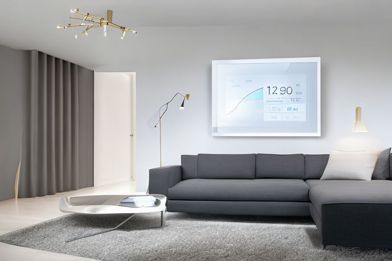Smart Thermostat an Wohnzimmerwand mit Energieverbrauchsanzeige, modernes Licht ueber Sofa, gemuetliche und umweltfreundliche Atmosphaere.