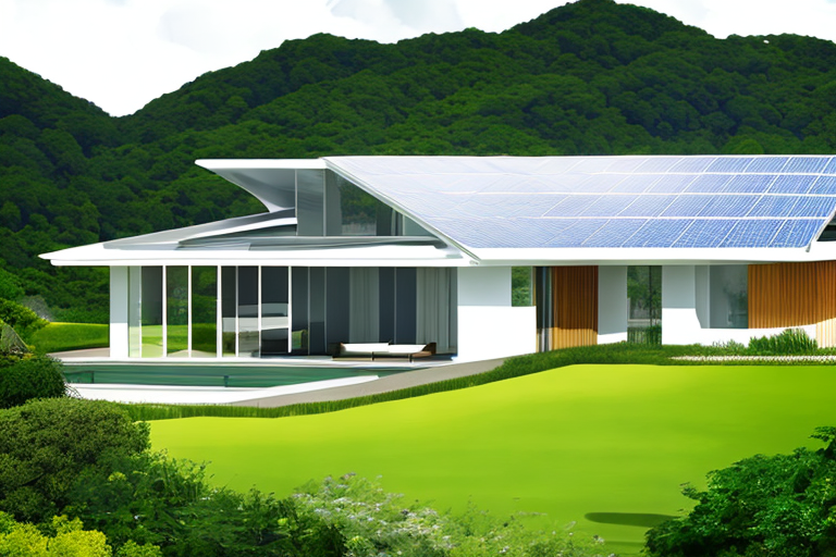 Modernes Haus mit Solarpanels auf dem Dach in sonniger Landschaft, umgeben von Gruen, nachhaltige Energie.