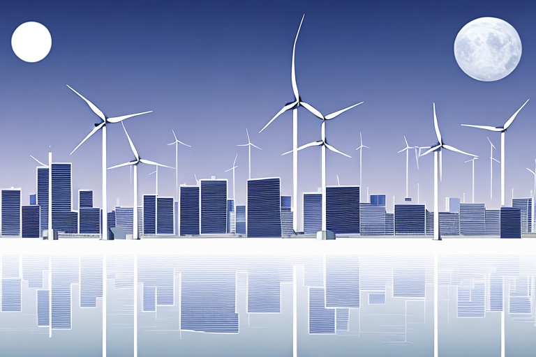 Moderne Stadt-Skyline bei Daemmerung mit Windturbinen und Solarpaneelen im Vordergrund, symbolisiert erneuerbare Energiequellen.