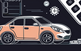 Geschäftsfrau betrachtet Dokumente neben einem luxuriösen geleasten Auto.