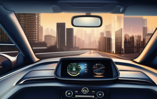 Firmenauto neben Geldstapel, Taschenrechner und Finanzdiagramme im Hintergrund.