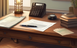 Rechner, Stift und Papier, umgeben von Finanzdokumenten und Diagrammen.