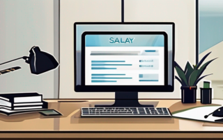 Bürotisch mit Laptop, Taschenrechner, Diagrammen und aufleuchtender Gehaltserhöhungszahl.