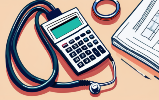 Computer, Taschenrechner und Gesundheitsdokumente auf einem Schreibtisch verteilt.