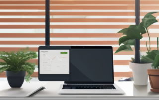 Grafik des Gewinnsteuerrechners auf Laptop, Münzenstapel daneben wachsen.